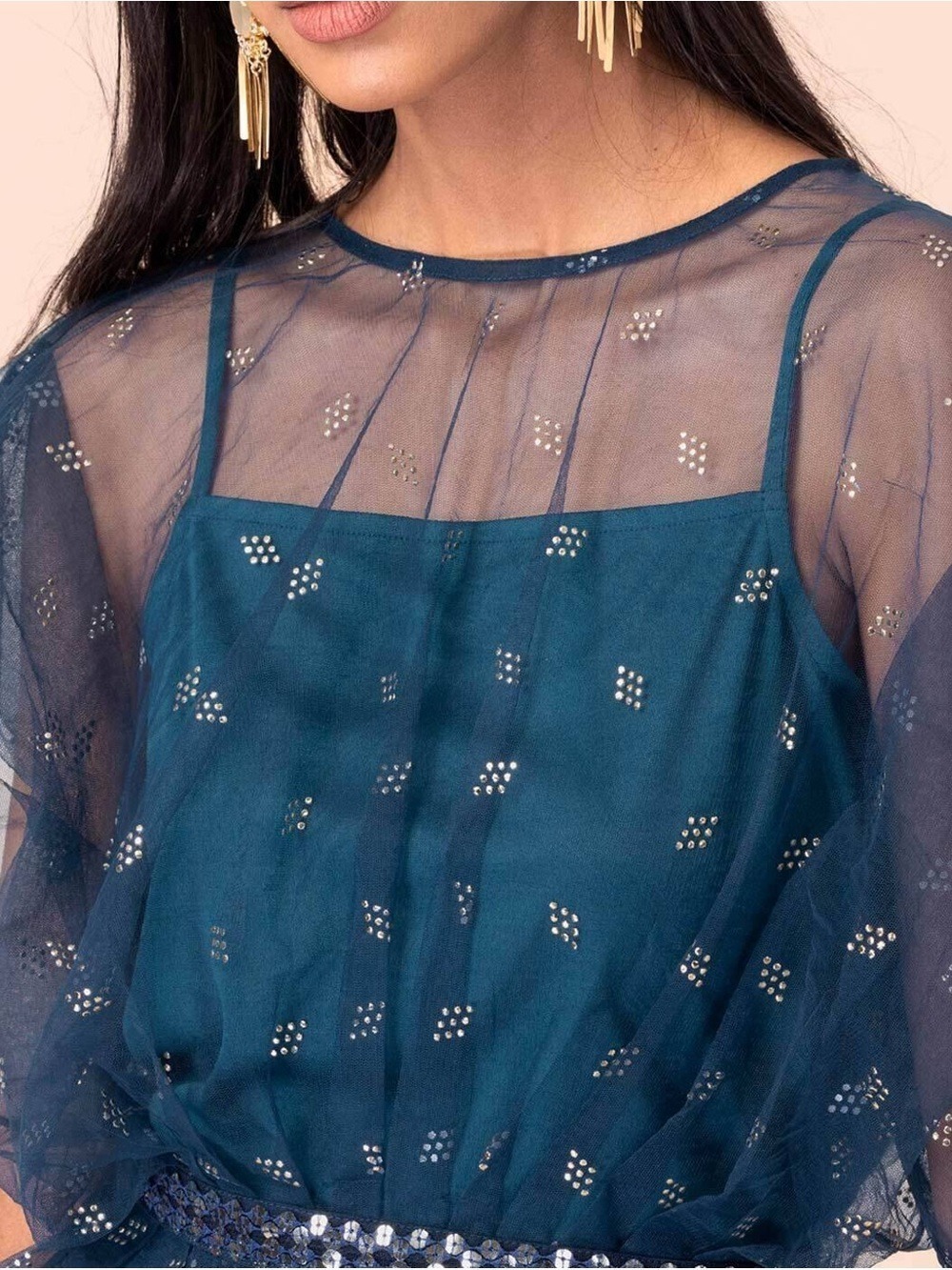Indya Teal Organza Sequin Peplum Top XL NWT